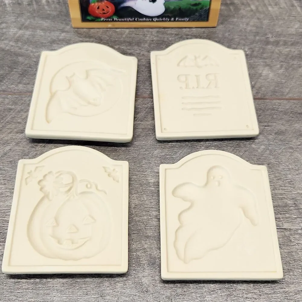 Vintage 2000 Brown Bag Set of Halloween Cookie Tiles Stamps Ghost Bat Tombstone